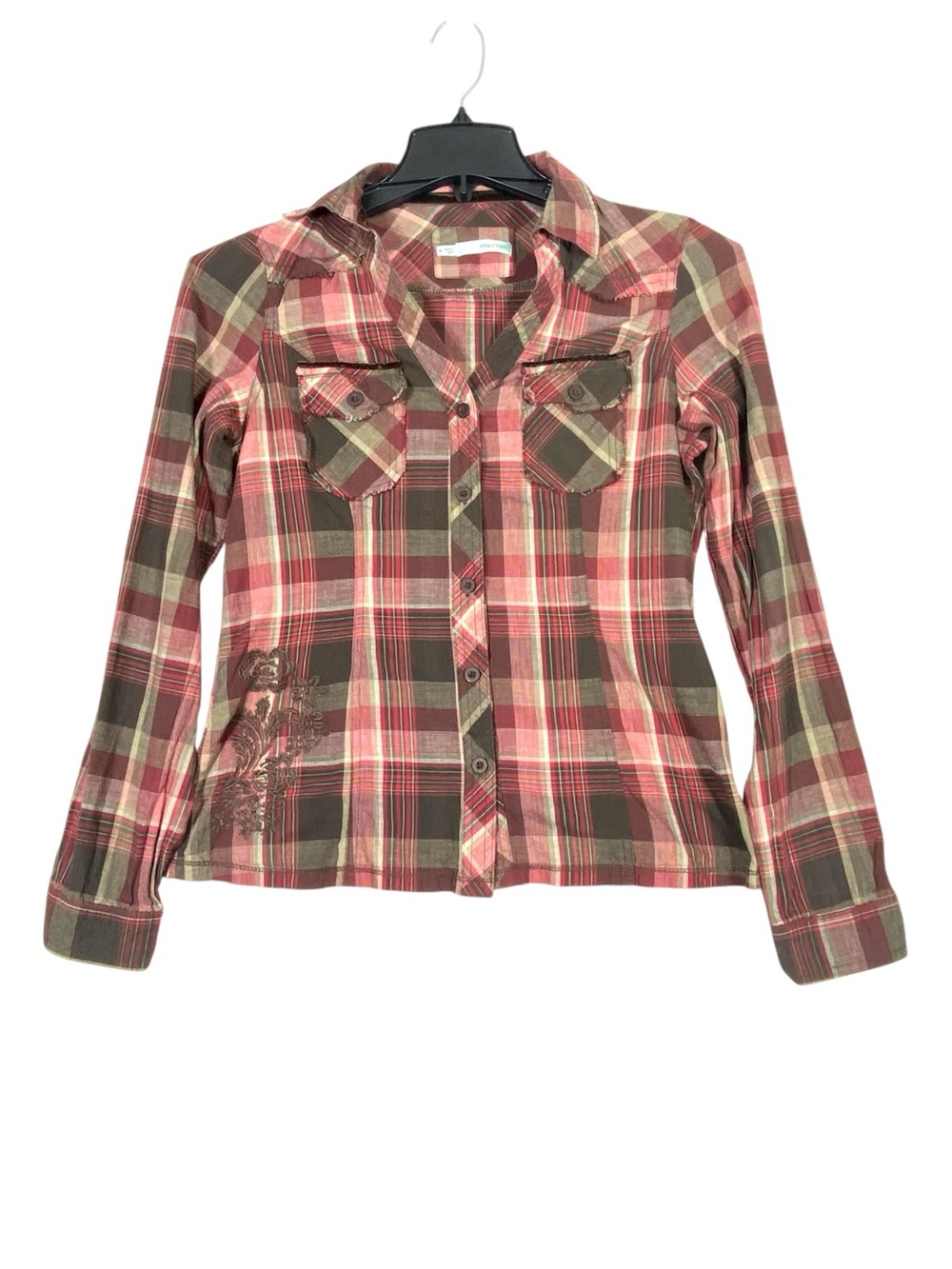 Maurices Button Up Plaid Shirt Womens M Floral Embroidered Fringe Pocket Western